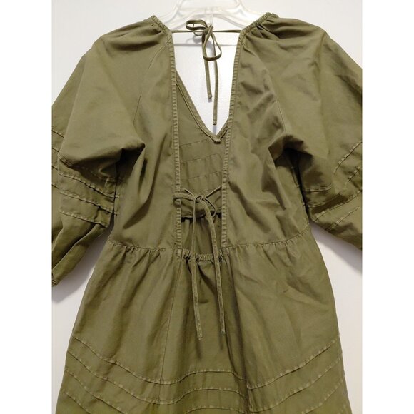 Free People Sweet Surrender Military Green Denim Dress Puff Sleeves Large - Picture 9 of 12